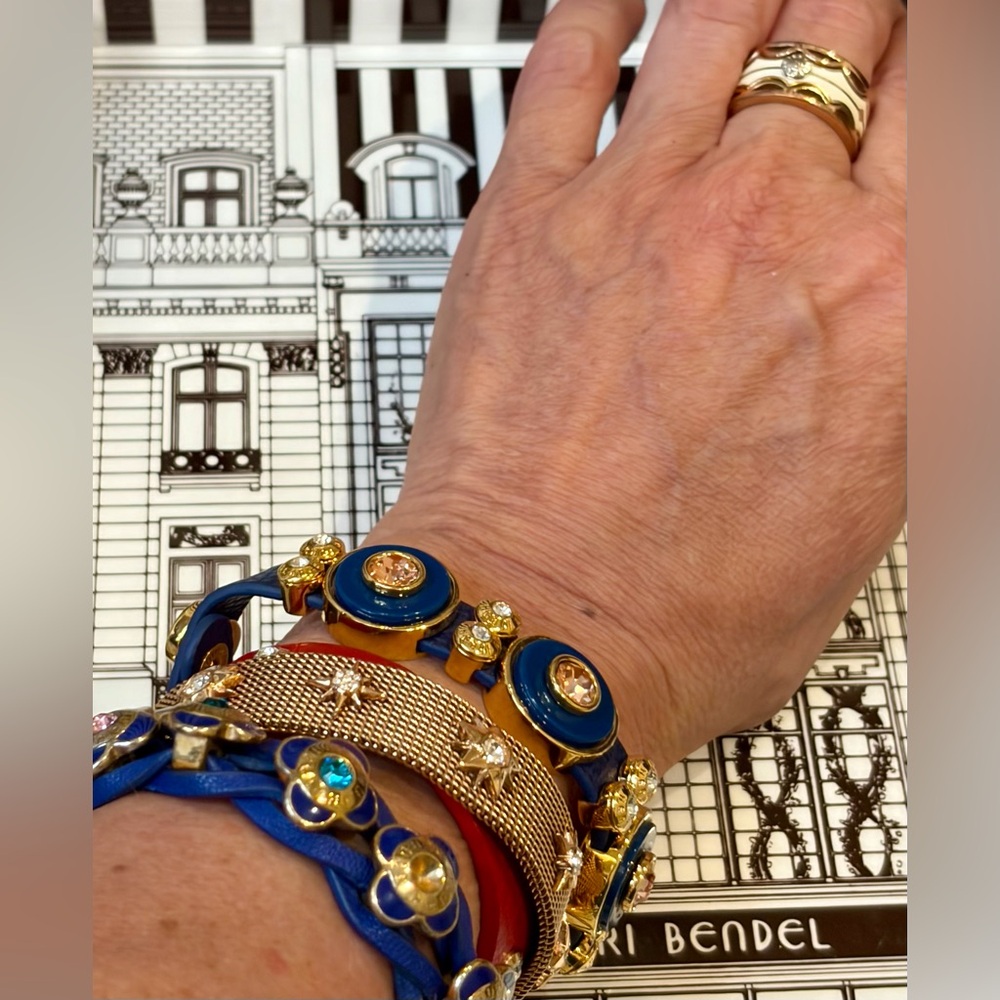 NEW FULL INCLUSION HENRI BENDEL BLUE/GOLD LEATHER BRACELET w/SWAROVSKI CRYSTALS - Picture 2 of 12